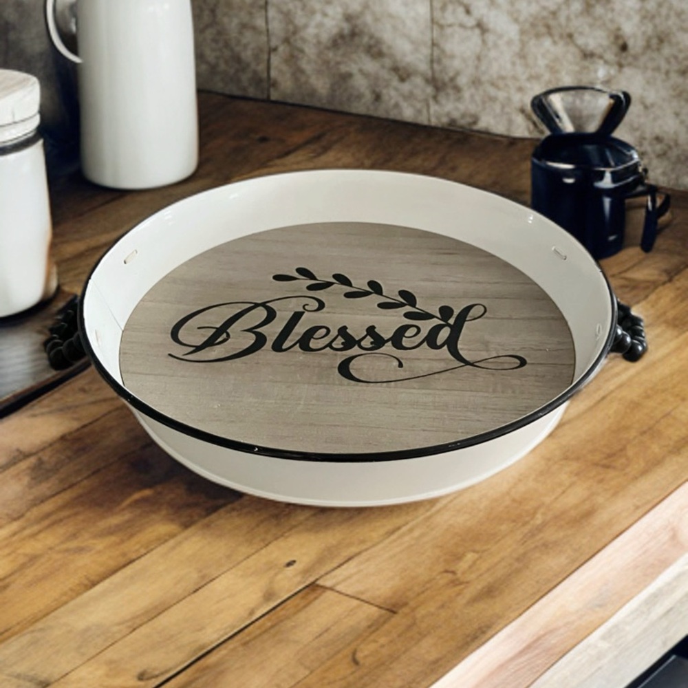 White and Black 'Blessed' Serving Tray